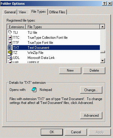 Folder options - File Types